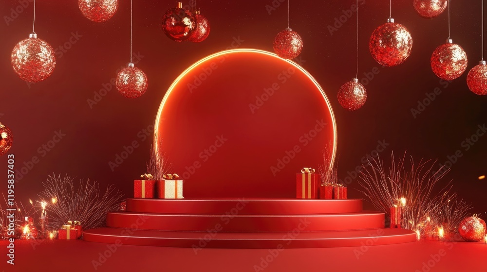 Poster red stage with a red circle in the middle and a bunch of red balls hanging from the ceiling