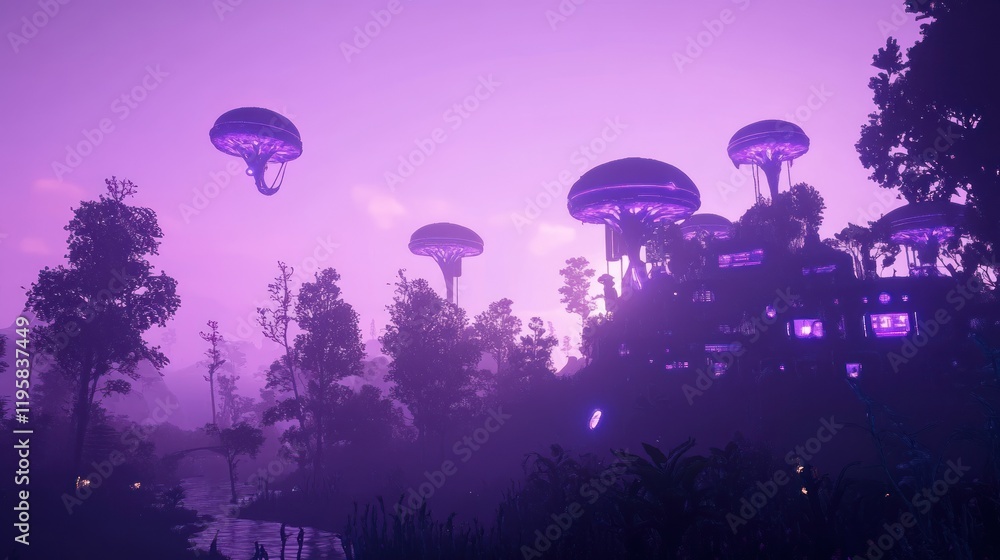 Poster alien cityscape illuminated by glowing mushroom structures