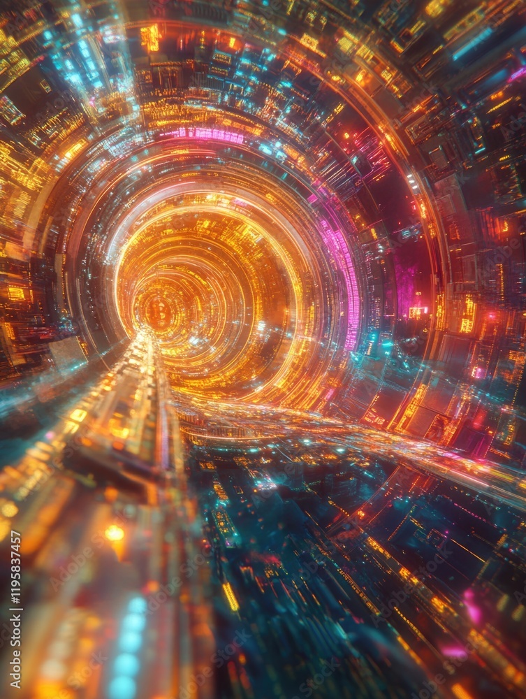 Poster vivid futuristic tunnel with vibrant colors and digital elements creating an optical illusion of dep