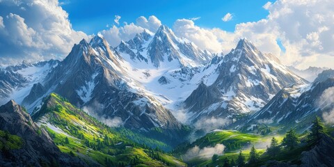 Fototapeta premium Majestic mountains rise against a bright blue sky, with lush green valleys and patches of snow, creating a picturesque and peaceful wilderness setting