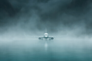 Fototapeta na wymiar Misty Plane Landing, Copy Space, Water Backdrop