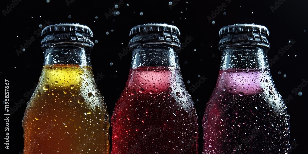 Poster three bottles of soda with a frosted top and a cap. the bottles are filled with different colored dr