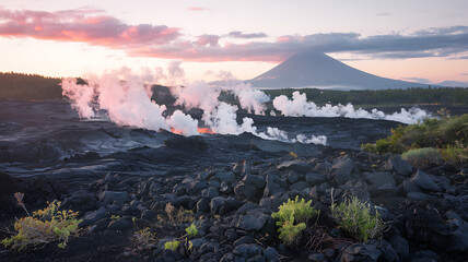 Volcanic Landscape at Dawn with Jagged Black Rocks, Rising Steam Plumes Reflecting Sunrise Hues, Sparse Hardy Vegetation, and a Towering Mist-Shrouded Volcano in the Distance