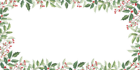 Watercolor hand drawn frame with holly and red berries.