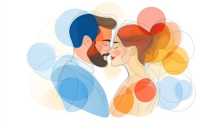 Dynamic artistic composition of a couple in soft overlapping circles of orange blue and red symbolizing connection unity and vibrant modern design