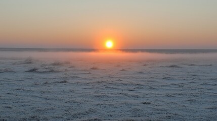 Fototapeta premium Frosty Field Sunrise Winter Landscape Scene
