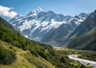 Fototapeta premium Majestatyczny krajobraz górski z ośnieżonymi szczytami i krętą rzeką pod czystym, błękitnym niebem