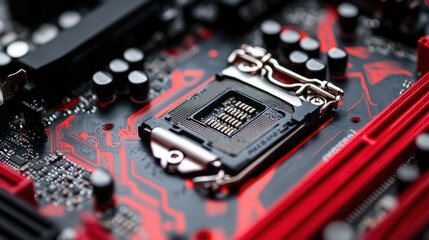Closeup view of a computer motherboard cpu socket