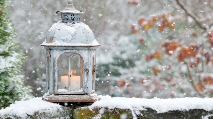 Snowy winter lantern with candlelight glow, in the night. 