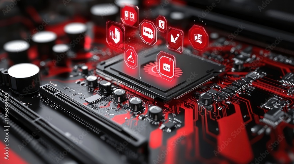 Poster Red Motherboard With Central Processing Unit And Icons