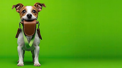 Adorable dog holding its leash with excitement