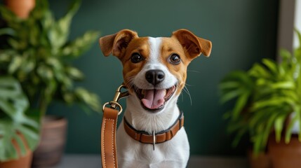 Adorable dog holding its leash with excitement