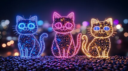 Futuristic Neon Cat Trio with Radiant Red, Blue, Yellow Colors, 未来的なネオンの3匹の猫と赤、青、黄色の鮮やかな色彩.Generative AI
