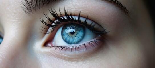 Obraz premium Stunning close-up portrait featuring a beautiful blue eye with long eyelashes