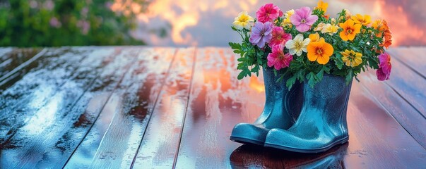 Pair of blue rain boots filled with colorful flowers on wooden surface in the garden and reflection of the sunset sky. Springtime or summer fun during wet weather concept, banner with copy space.