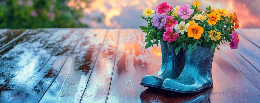 Pair of blue rain boots filled with colorful flowers on wooden surface in the garden and reflection of the sunset sky. Springtime or summer fun during wet weather concept, banner with copy space.