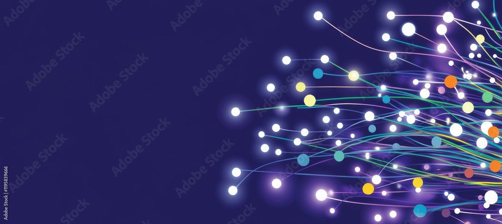 Poster visual representation of an abstract 3d nanofiber network with twisted lines and glowing dots, depic