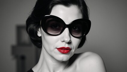 Vintage-style sunglasses and lipstick portrait featuring an adult subject Lipstick Portrait with Sunglasses