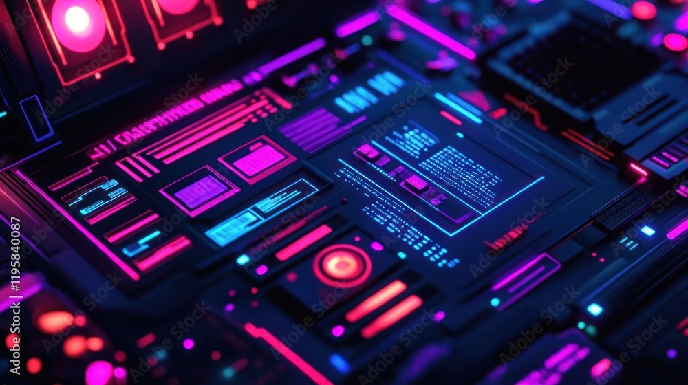 Poster futuristic neon interface displays digital data