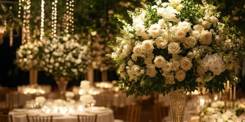 Stunning floral arrangements enhance the elegant wedding reception atmosphere, with soft lighting creating a romantic setting for guests to enjoy