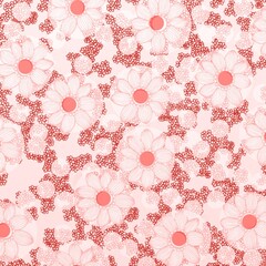 Pink and red seamless floral pattern with outlined daisy-style flowers on a soft pastel background. Cute retro design for fabric, wrapping paper, and crafts.