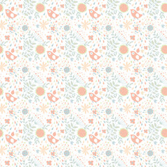 Whimsical seamless pattern with pastel birds, flowers, leaves, and raindrop shapes on a white background. Playful spring design ideal for textiles and kids decor.