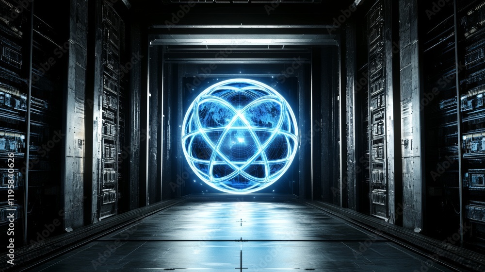Poster a high-tech investigation into atomic architecture, featuring nuclear physics and internet technolog
