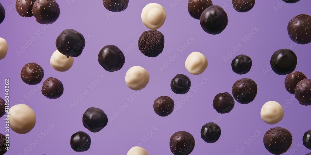 Poster a cluster of colorful chocolates floating in the air, creating a sense of deliciousness and indulgen