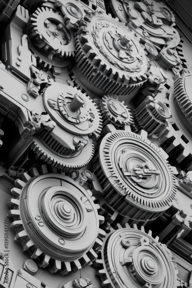 Poster a close up of mechanical gears from an industrial machine, showcasing complexity and precision in de
