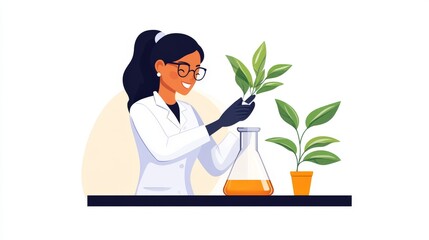 Clean vector of a female scientist examining plants in a laboratory emphasizing innovation eco science and modern scientific exploration