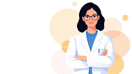 Fototapeta premium Confident female scientist standing in laboratory with crossed arms and a calm expression surrounded by abstract circular accents symbolizing innovation and progress