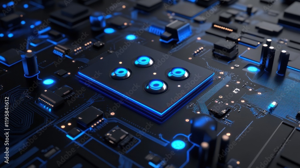 Poster Futuristic Circuit Board with Illuminated Central Processor
