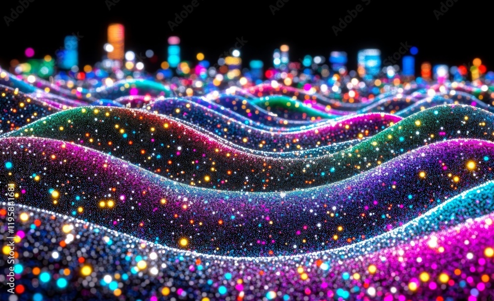Poster in a 3d illustration, digital sound vibrations are visualized as data particles traversing neon stri
