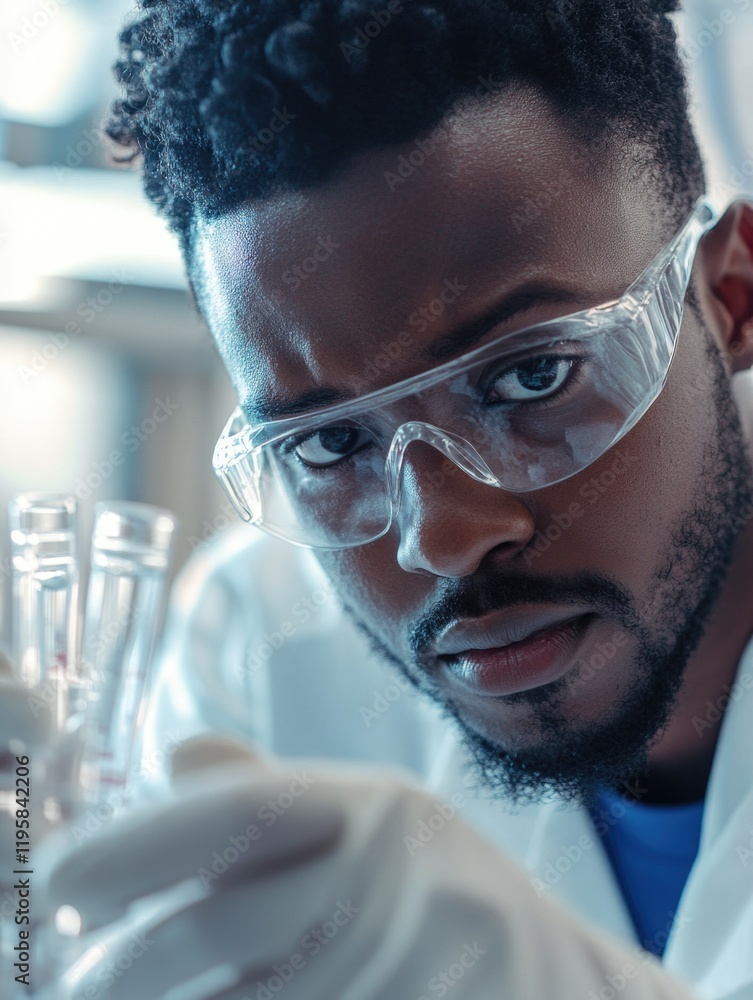 Poster man in lab coat examining test tubes, conducting scientific research. image conveys focus and precis
