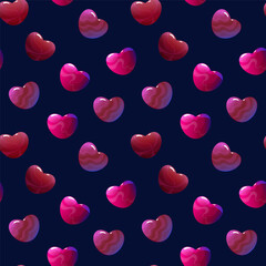 Seamless pattern with beautiful glossy hearts on a dark background. Abstract love background for Valentine s Day. Perfect for card design, festive printing, web decor, and themed projects related to
