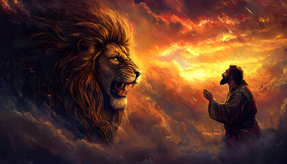 Lion of Judah, exuding strength and power. Christian conceptual illustration, lion in the sunset.