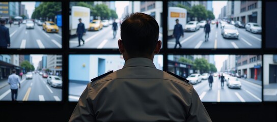 Security guard monitoring various screens showing real-time images from a bustling city street