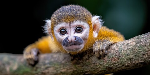 Obraz premium A curious monkey with bright eyes peers from a tree branch, evoking a sense of playfulness and innocence in the lush jungle.