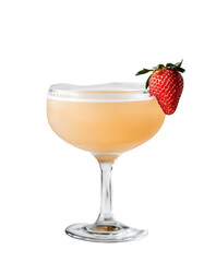 Refreshing pink Daiquiri cocktail in a classic glass, garnished with a fresh strawberry. Isolated on transparent white background, png