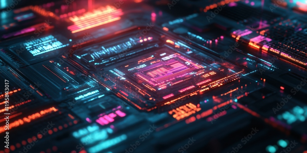 Aufkleber a high-tech circuit board is illuminated with vibrant neon colors, showcasing detailed electronic co
