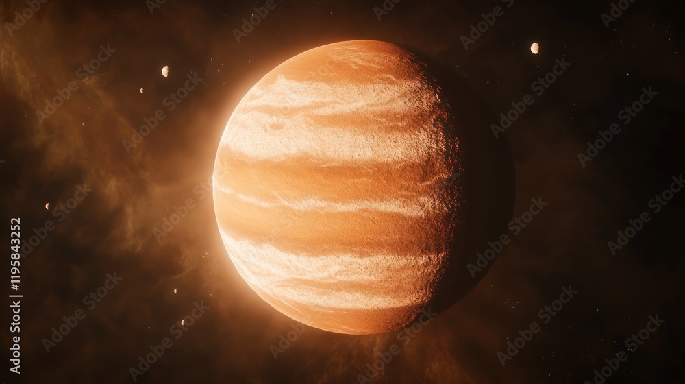 Poster gaseous planet orbits with small moons in space