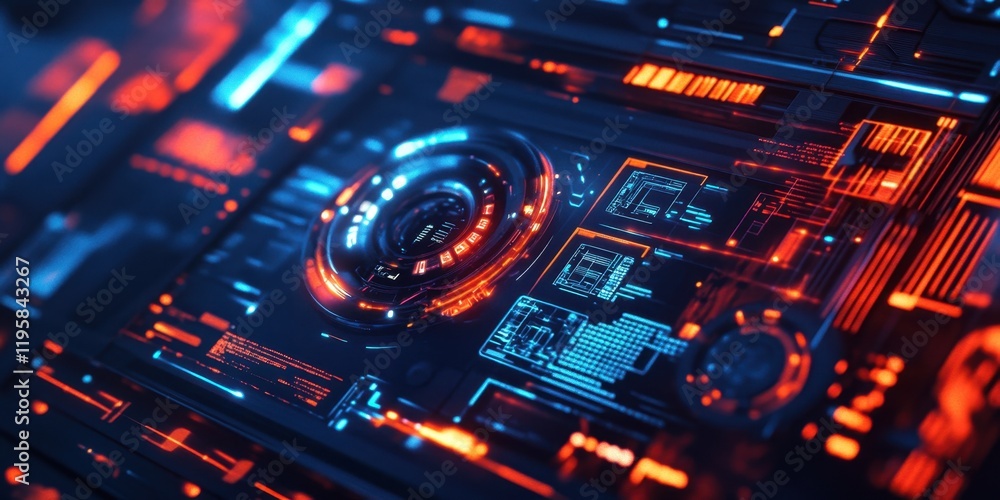 Poster futuristic technology features glowing blue and orange lights with intricate geometric patterns, cre