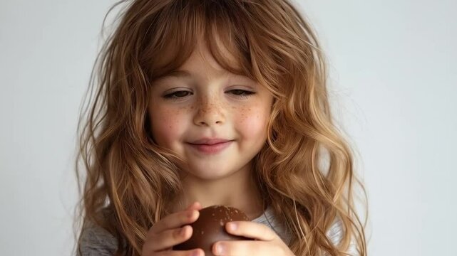Portrait of a beautiful child with a chocolate easter egg in his hands