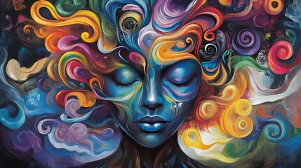 Colorful abstract portrait of a serene woman, swirling patterns, vibrant hues, closed eyes, peaceful expression.