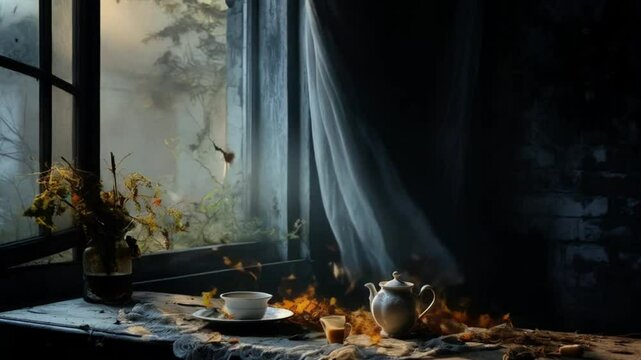 Misty and windy still life in a room