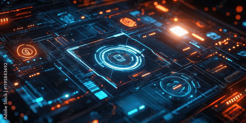 Poster bright blue and orange lights illuminate a complex digital circuit design, showcasing intricate patt