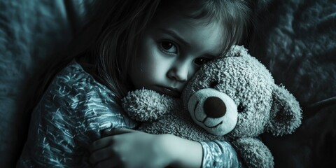 Little girl with toy bear, contemplative or comforting image.