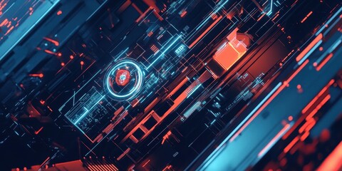 Intricate patterns of glowing blue and red circuits create a futuristic digital environment full of energy and complexity, evoking a sense of advanced technology