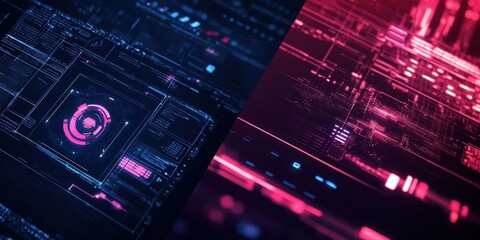 A dynamic display of blue and red digital patterns highlights advanced technology, representing data flow and innovation in a modern setting