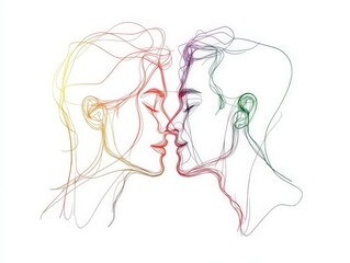 Fototapeta premium Abstract rainbow colored line art of a couple gazing at each other symbolizing inclusivity emotional connection and modern minimalist creativity